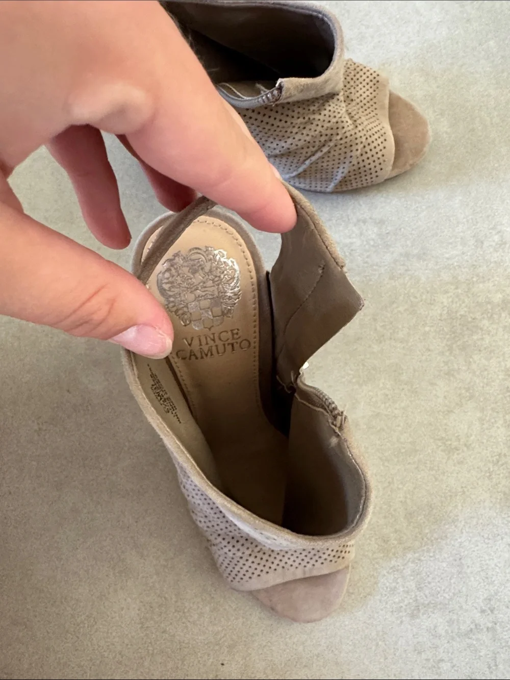 Vince Camuto Taupe Perforated Peep-Toe Block Heel Sandals